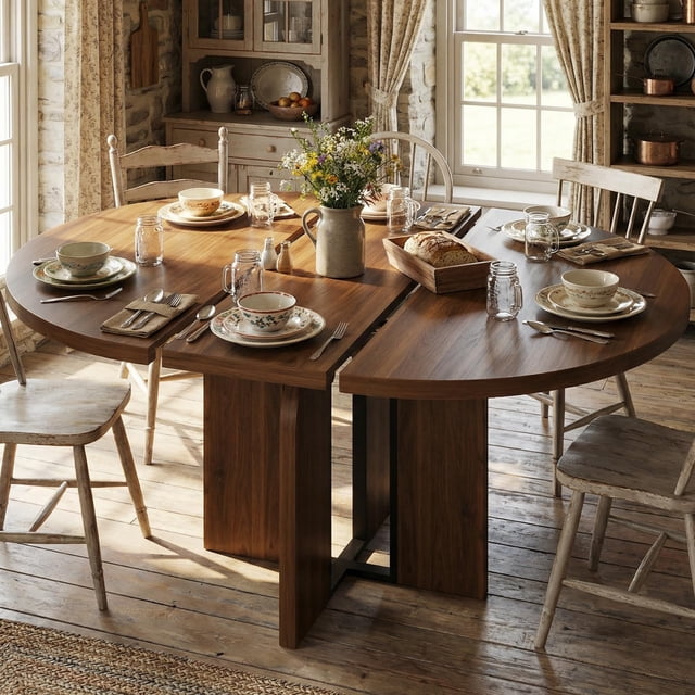 47"-63" Extendable Round Dining Room Table for 4-8, Farmhouse Wooden Expandable Kitchen Table w/Wider Leg, Sturdy Metal Support, Oval Circle, for Dinner, Kitchen, Apartment, Space Save, Walnut