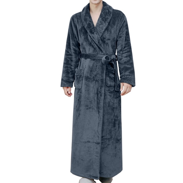 LSLJS Men Solid Color Fallow Cardigan Pocket Long Sleeve Nightclothes Bathrobe in grey. This full-length men's bathrobe features a V-neck design, long sleeves, and a classic solid color. It includes a tie belt, two front pockets, and a soft, plush fabric for warmth and comfort. Ideal for lounging, sleeping, or use after bathing, it is suitable for spring, fall, and winter. Perfect as a gift for men on special occasions like Christmas or birthdays.