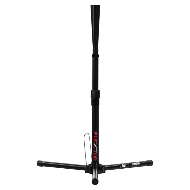 MLB Flex Top Tee Ball Tee with a black adjustable high-impact PVC post marked with red 'FLEX TOP' text, flexible rubber tee topper, and folding tripod-leg base, adjustable from 22 to 31 inches for youth baseball and teeball practice.