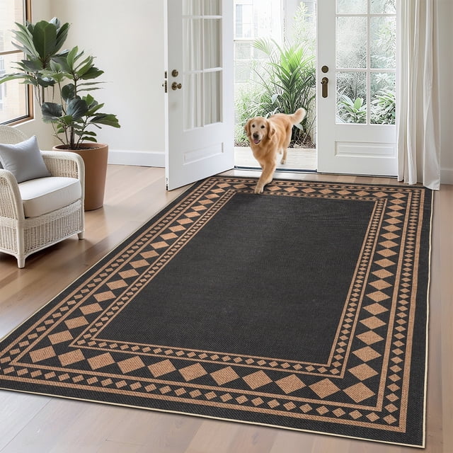 Garvee 8'x10' Modern Bordered Rug Solid Area Rug, Geometric Washable Rugs Stain Resistant Low Pile Rug Non Slip Indoor Outdoor Carpet for Living Room Bedroom Home Office, Black and Coffee