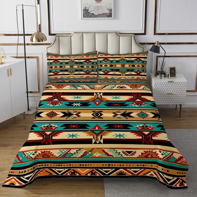 Western Quilt Set Southwestern Coverlet Set,Geometric Aztec Bedspread Set Queen,Geometry Triangle Quilted Exotic Tribal Arrow Western Bedroom Decor