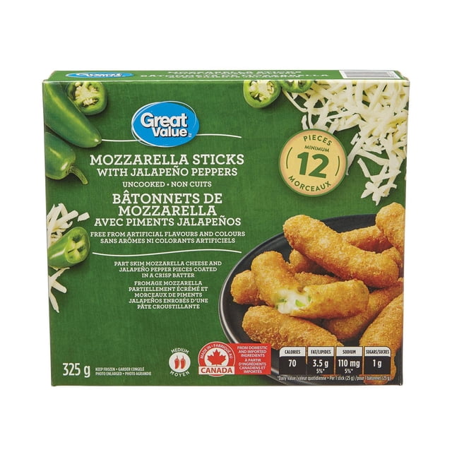 Great Value Frozen Mozzarella Sticks Stuffed with Jalapeno Peppers Appetizers in a green box with 12 pieces, featuring part skim mozzarella cheese and jalapeno pepper pieces coated in a crispy batter. The packaging shows golden brown mozzarella sticks on a black plate with shredded cheese and sliced jalapenos. Ideal for frozen snack or appetizer use.