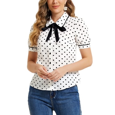 INSPIRE CHIC Women's Polka Dots Blouse Peter Pan Collar Bow Tie Neck Puff Sleeve Vintage Shirt Top XS White