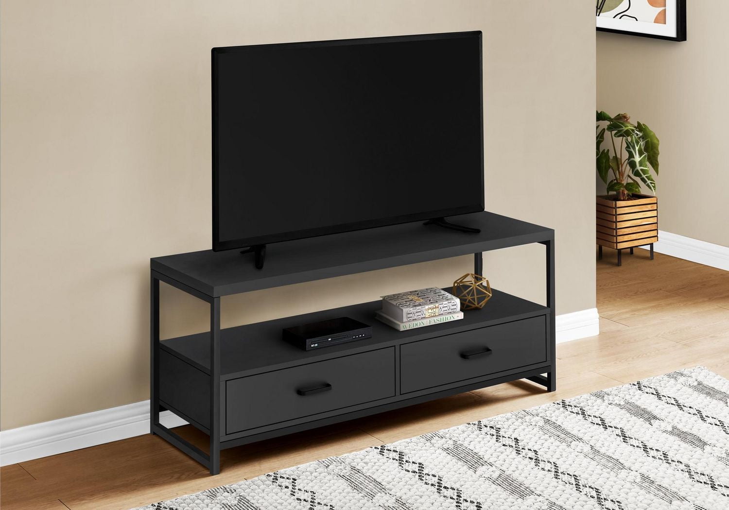 Monarch Specialties Tv Stand, 48 Inch, Console, Media Entertainment Center, Storage Drawers, Living Room, Bedroom, Laminate, Metal, Black, Contemporary, Modern