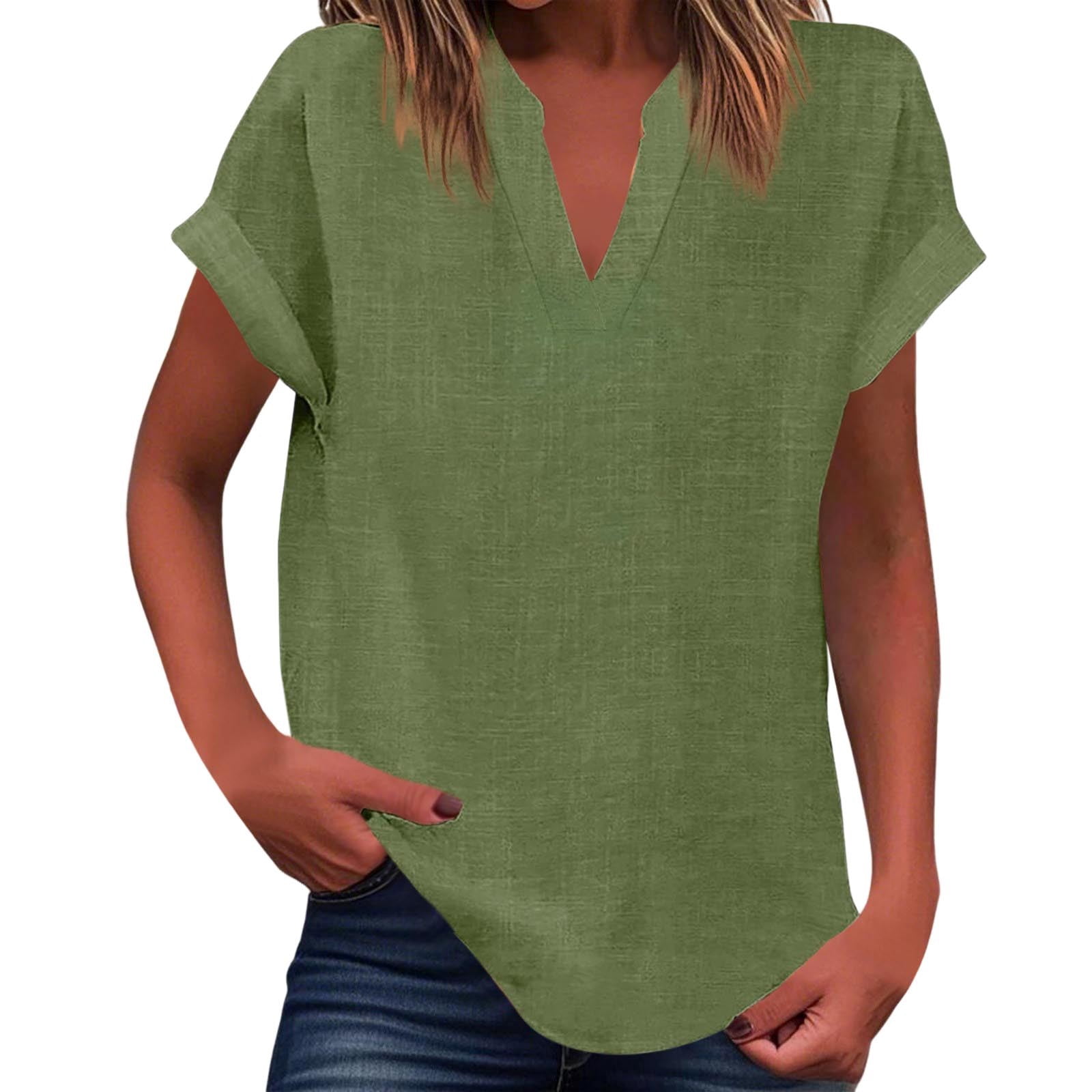 WEIYLL Womens T-Shirts Summer Loose Fit V Neck Curved Hem Flowy Solid Army Green Tops Sizes M