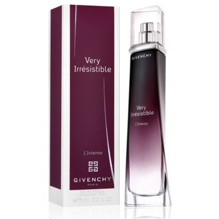 Givenchy Very Irresistible L'intense EDP For Her 50mL perfume bottle and packaging. The bottle features a sleek gradient design transitioning from deep plum to clear, with the text 'Very Irresistible L'Intense' and the Givenchy logo. The packaging matches the plum tone with white accents and branding.