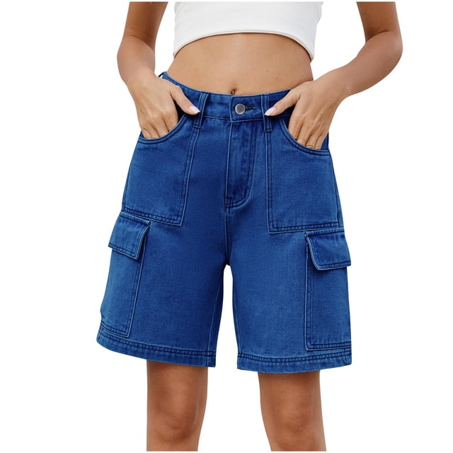 Yanlir Pantalon Court pour Femmes, Shorts Cargo Décontractés pour l'Été, Taille Haute, Multi-Poches, Confortables, Shorts en Jean Boutonnés pour l'Extérieur, Randonnée, Plage, Usage Quotidien (Bleu, M)