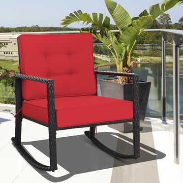 Costway Fauteuil Berçant en Rotin pour Patio, Fauteuil à Bascule d'Extérieur en Osier avec Coussin pour Pelouse, Rouge
