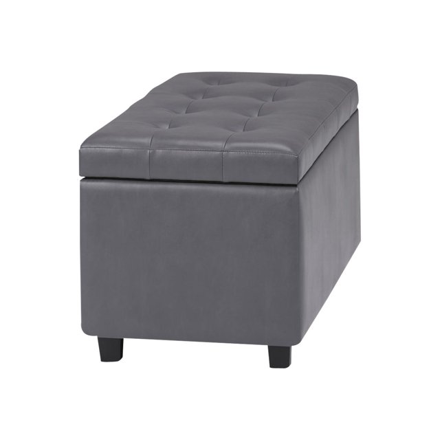SIMPLIHOME Cosmopolitan Ottomane de Rangement Rectangulaire à Dessus Relevable de 34 Pouces de Large en Similicuir Capitonné Gris Pierre Rembourré, Repose-Pieds Tabouret, Table Basse pour le Salon, la Chambre et la Chambre d'Enfant