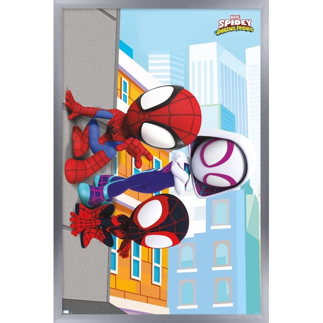 Marvel Spidey and His Amazing Friends - Affiche Murale Murale, 22,375 Pouces x 34 Pouces Représentant Trois Personnages Animés de Spider-Man en Rouge, Noir et Blanc-Violet, Costumes Escaladant un Mur de Construction Urbaine avec des Fenêtres Colorées et des Gratte-Ciel en Arrière-Plan, Imprimée sur Papier Lustré aux Couleurs Vibrantes, Convient à la Décoration Murale de Chambre Ou de Salle de Jeux.