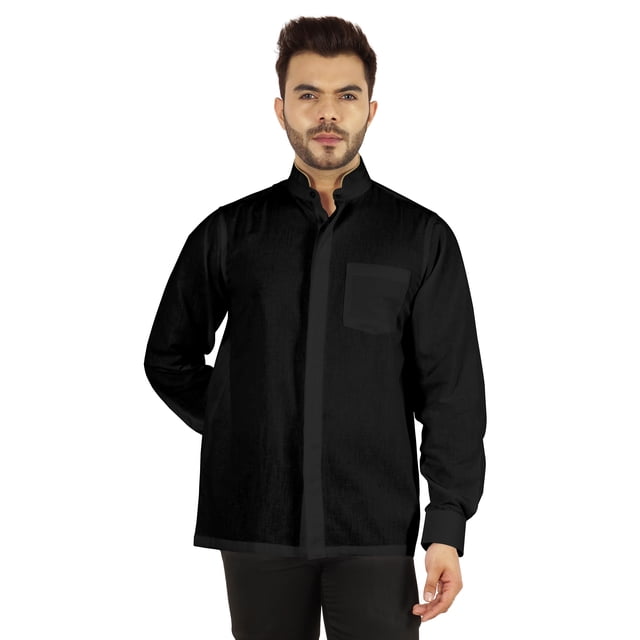 Bestman Solid Long Sleeve Shirt For Mens Front Double Button Placket Chinese Collar Shirt