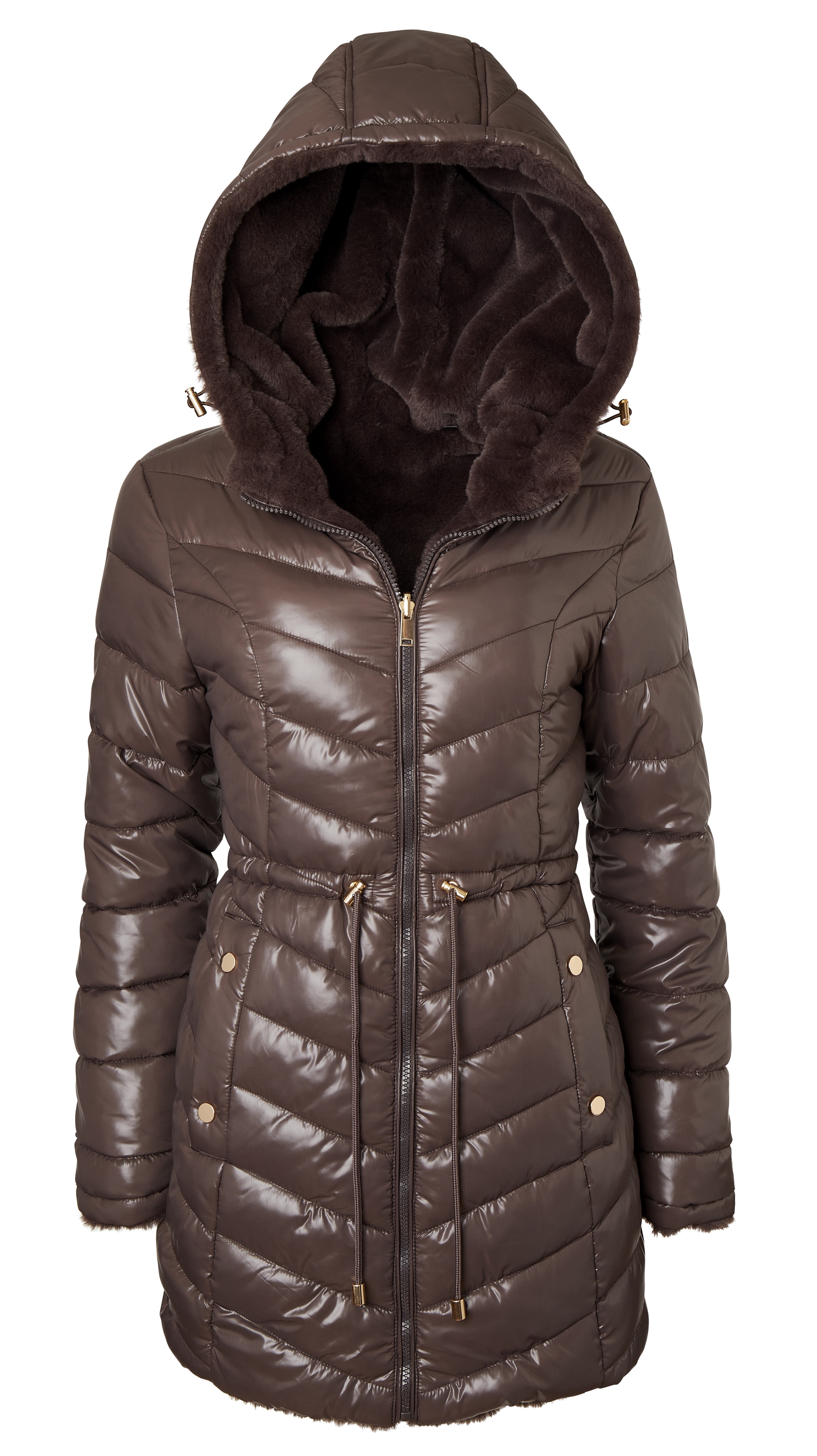 Sportoli Womens Winter Coat Reversible Faux Fur Lined Quilted Puffer Jacket - Brown (Large)