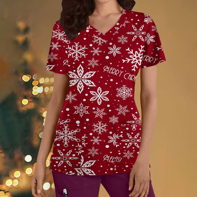 TIMIFIS Haut de Sarrau Rouge pour Femmes, Haut Cache-Cœur Imprimé de Noël pour les Fêtes, Chemise à Encolure, Bonhomme de Neige, Manches Courtes, Col en V, Tunique d'Infirmière pour le Travail, Blouse d'Uniforme de Travail avec Poches - Rouge Automne/hiver