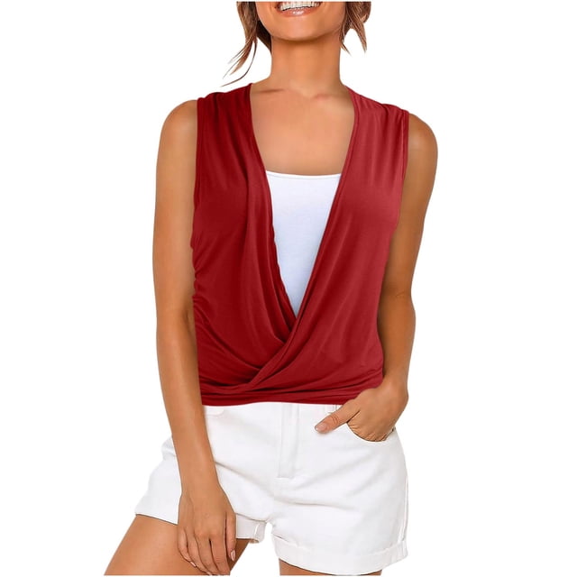 Timegard Camisoles pour Femmes Col en V Froncé devant Croisé Confortable Chic Décontracté Sans Manches Chemises Haut Blouse