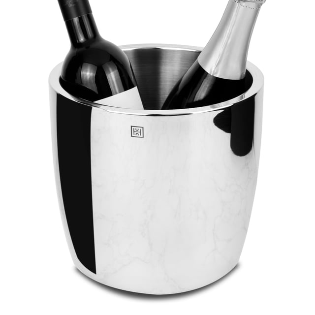 Double Wall Stainless Steel Champagne Cooler by HUTCH®, featuring a polished surface and modern design. Made with 18/10 food-grade stainless steel, this double-walled cooler insulates and keeps champagne or wine bottles chilled for longer. The compact design measures 21.5cm L x 21.5cm W x 21cm H, making it suitable for various home décor styles. Shown holding two bottles, it is dishwasher-friendly and backed by a 10-year manufacturer warranty.