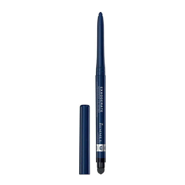 Rimmel Exaggerate Waterproof Eye Definer in dark blue with a slim retractable pencil, built-in smudger, and removable cap, offering a creamy matte finish and up to 10 hours of waterproof, long-lasting wear, ideal for precise and smudged eye looks.