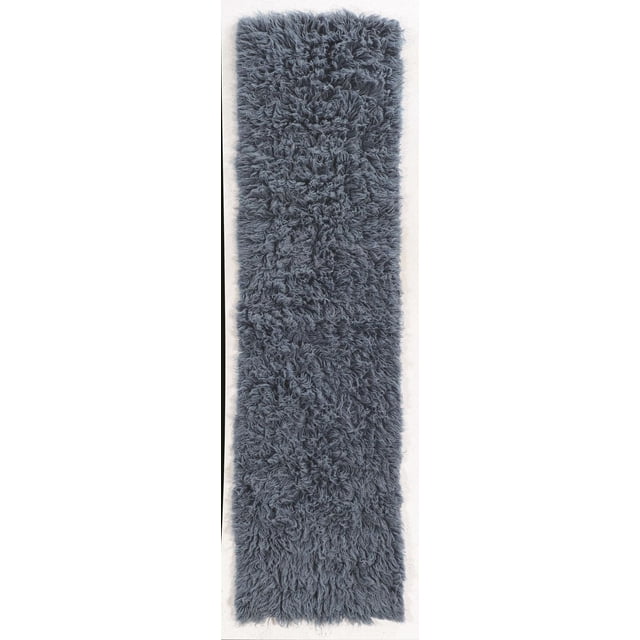 New Flokati 1400gr 2'4" x 8'6" runner rug in denim blue, hand woven in Greece from 100% New Zealand wool with a deep plush shag pile, ideal for hallways or laundry rooms, often used to soften steps and add warmth to home paths.