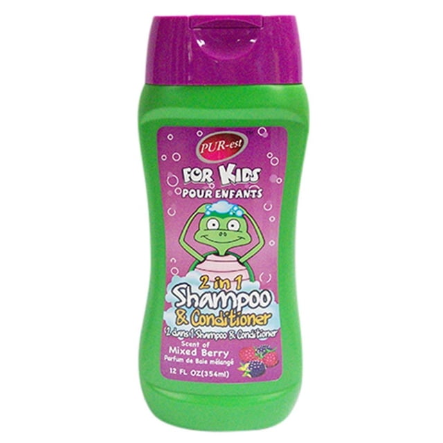 Kids 2 In 1 Shampoo & Conditioner With Mixed Berry (354ml) (Pack of 3) by Purest. The green bottle with a purple cap features a fun frog illustration on the label, highlighting its child-friendly design. This 2-in-1 product combines shampoo and conditioner with a fruity mixed berry scent, ideal for detangling hair and leaving it soft and smooth. The label includes English and French text, catering to Canadian consumers.