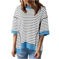 thumbnail image 2 of RXIRUCGD Hauts pour Femmes Décontractés à Col Rond, Manches Mi-Longues, Ourlet à Blocs de Couleur Rayé, Chandail Tendance, Épaules Tombantes, T-Shirts Blouse, Bleu, Taille : S, 2 of 6