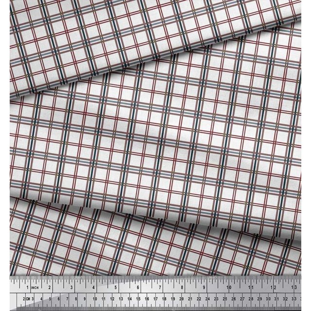 Soimoi Pink polyester Crepe Fabric Window Pane Check Printed Fabric 1 Yard 42 Inch Wide