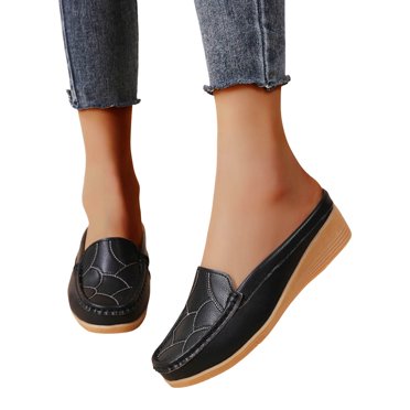 Womens Wedge Mules Slip on Penny Loafers Fashion Casual Leather Backless Hands Free Walking Shoes