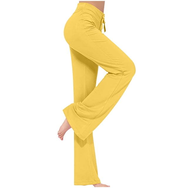 CFLVAEK Modal Crossover Yoga Pant Women Plus Size Tummy Control with Drawstring Sporty Solid Wide Leg Jogger Pant Stretch Mid Rise Jogging Trousers Casual Full Length Lounge Flare Leggings Yellow M