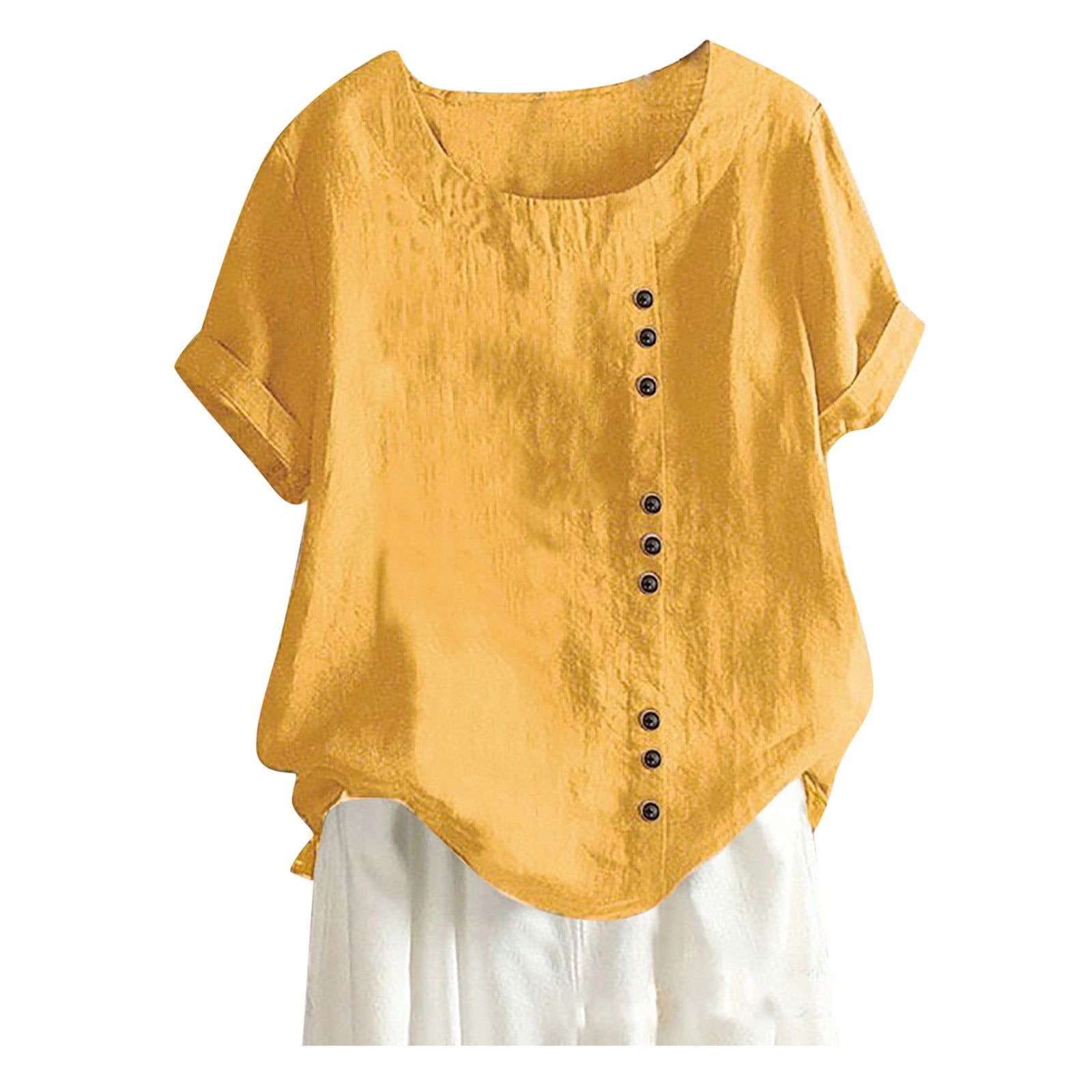 WEIYLL T-Shirt Women Plus Size Linen Loose Tunic Breathable Boho Solid Gold Blouse Sizes M