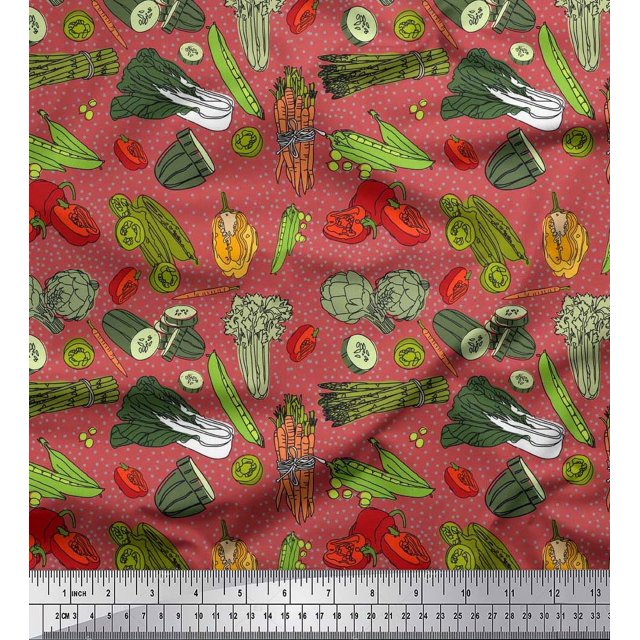 Soimoi polyester Crepe Fabric Dot & Mix Vegetable Print Fabric by Yard 42 Inch Wide