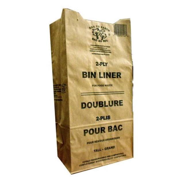 Tall Bin Liners by Bag To Earth Inc, a 2-ply compostable brown paper bin liner for food waste, printed with bilingual black text highlighting its biodegradable, compostable features and suitability for tall green kitchen collector bins, ideal for compost bags and supporting the food waste cycle.