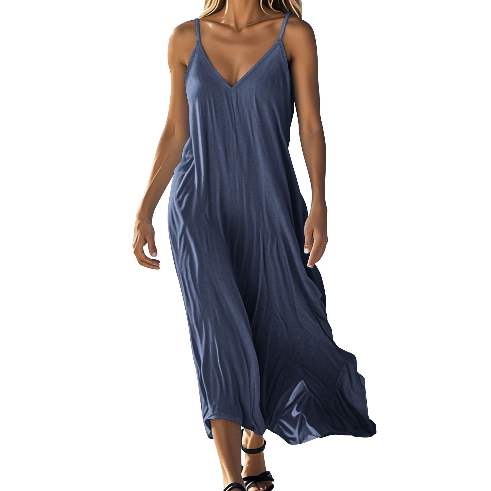 VEKDONE Robe d'Été Sans Manches en Coton et Lin Uni à Col en V pour Femme Jupe Bleu Marine TG