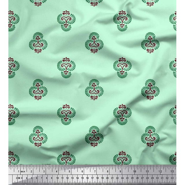 Soimoi Moss Georgette Fabric Floral Block Print Fabric by The Yard 42 Inch Wide