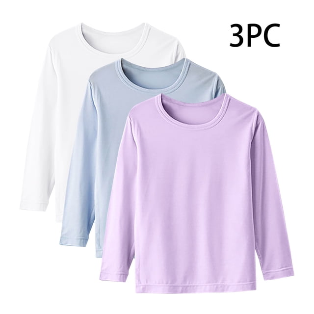 YUNAFFT Kids' Layering Tees Basic Long Sleeve Round Neck Solid Color Thin Spring Fall 3-Pack Essential Casual Versatile