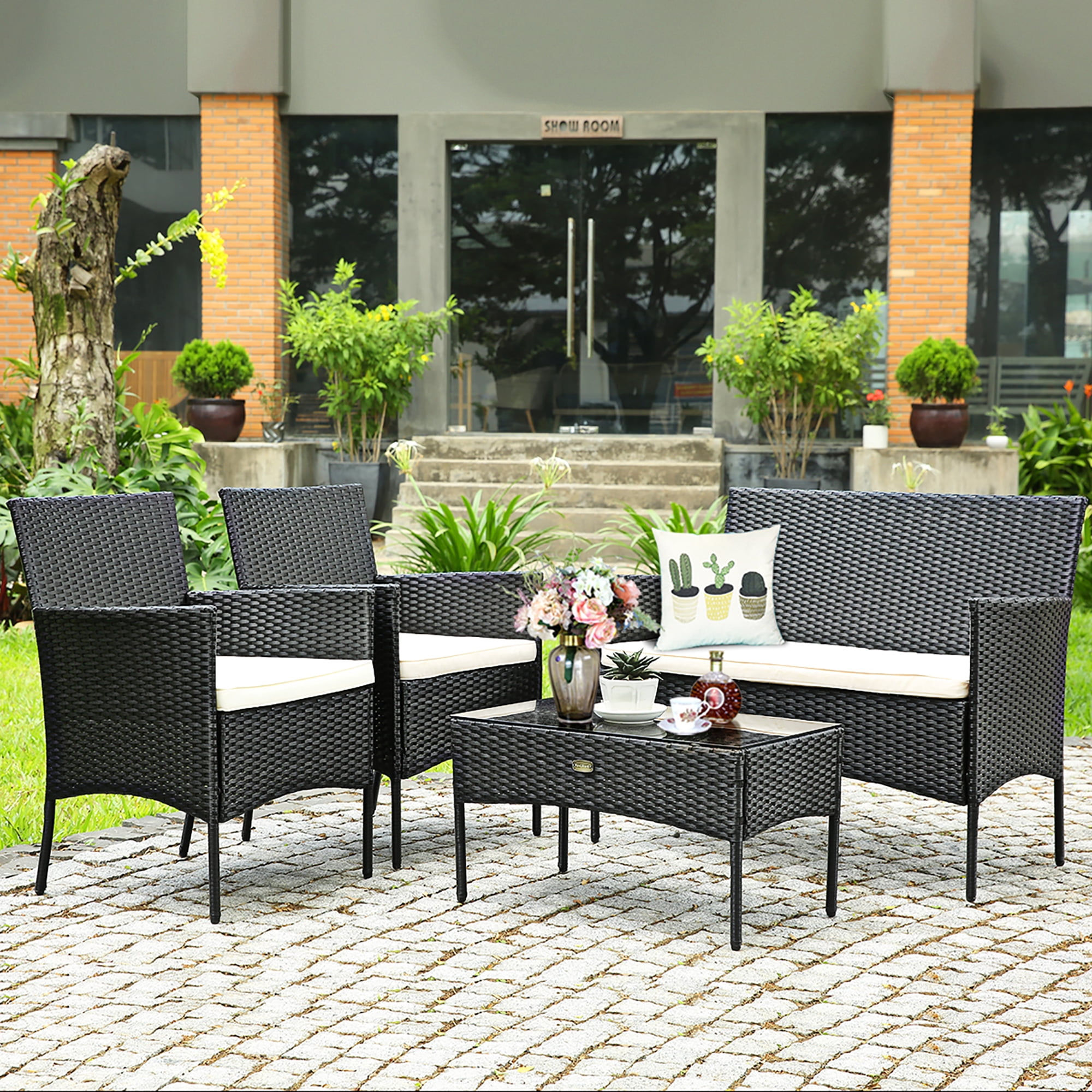 Costway 4-Piece Outdoor Patio Furniture Set Wicker Set Conversation Set for Balcony Backyard Garden Poolside