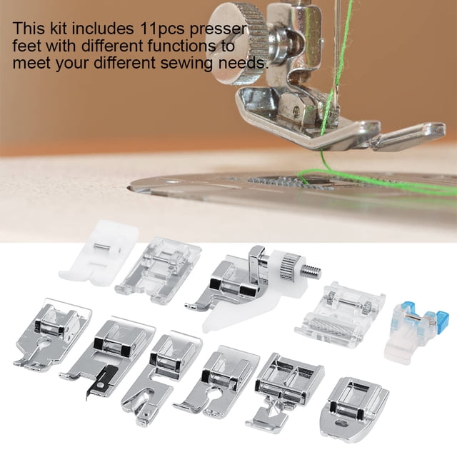 Sewing Machine Foot, Presser Foot kit with 11 presser feet, including straight stitch foot, zipper foot, 1/4 quilting foot, and button sew-on foot. Made of durable zinc alloy and PVC, suitable for most household sewing machines. Ideal for sewing machine accessories. Displayed are presser feet arranged in a row, with a close-up of a sewing machine in use.