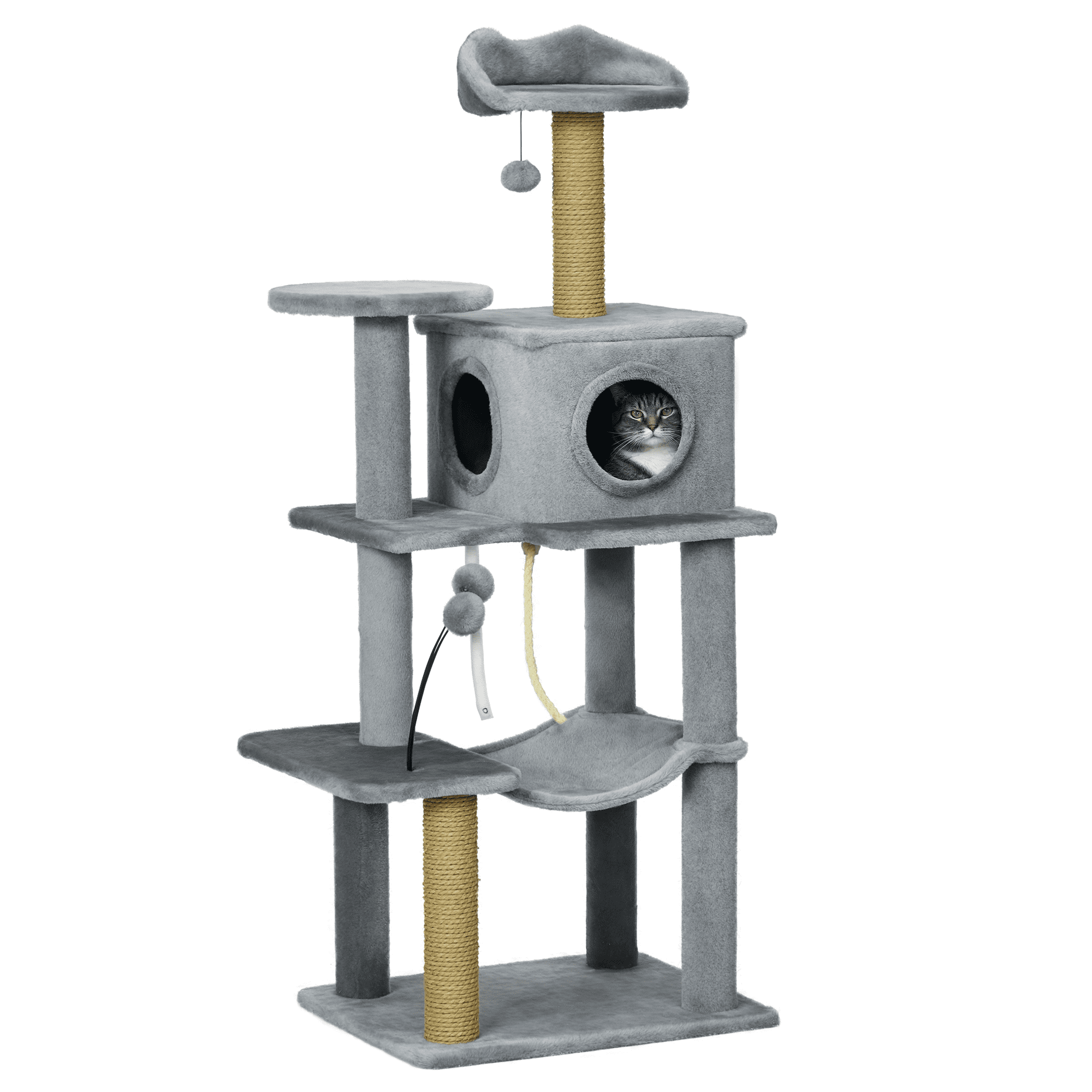 PawHut 54" Cat Tree with Hammock, Scratching Post, Condo Cat Tower, Grey