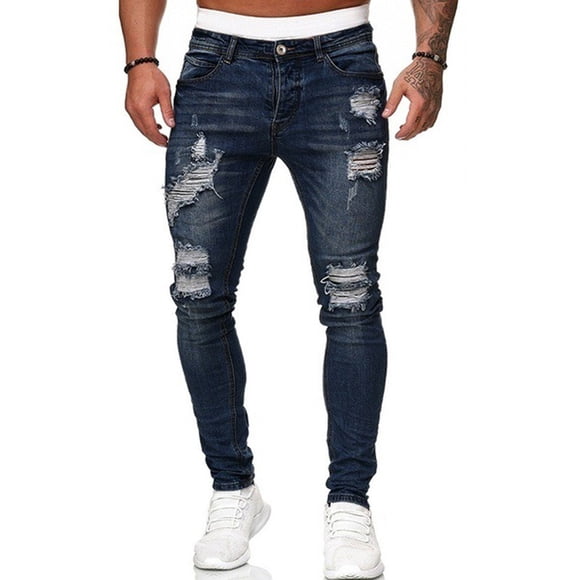 Fortune Men Stretch Skinny Ripped Jeans Ripped Trousers Distressed Denim Pants