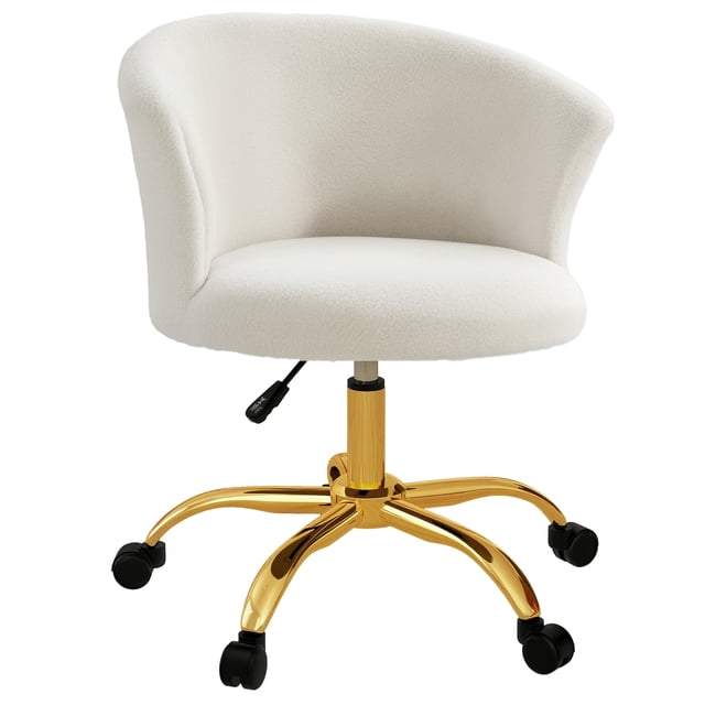 Vinsetto Chaise de Bureau Duveteuse à Hauteur Réglable, Sans Accoudoirs, Or. Cette Chaise Présente un Dossier Courbé et un Rembourrage en Mousse Épaisse pour Soutien et Confort. Rembourrée en Tissu Polaire teddy Doux, Elle a une base en Acier Doré avec Roulettes en PU Convenant à Divers types de Planchers. la Hauteur du Siège Est Réglable de 16,5 à 19,7 Pouces, et la Chaise a une Capacité de Poids de 264 Lb. Dimensions : 22,8 Pouces de Large, 22 Pouces de Profondeur et 26,8 à 29,9 Pouces de