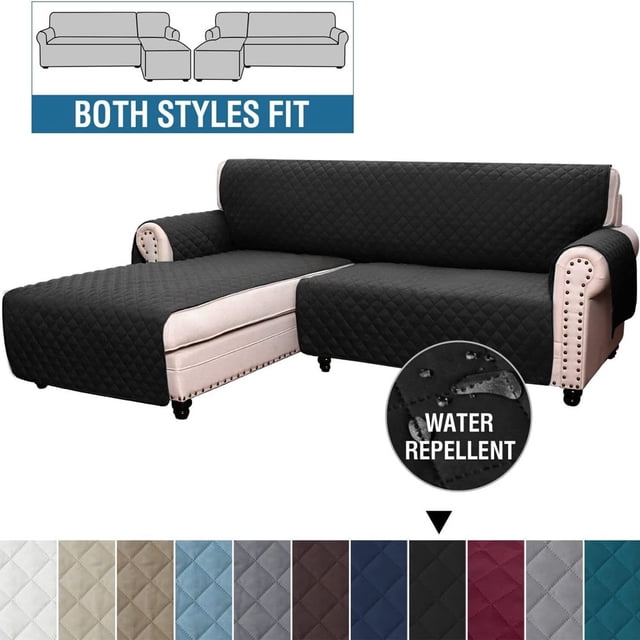 CHOK L-Shape Sofa Slipcover Sectional 3 Seater Chaise Cover in black, large size, displayed on a beige L-shaped sofa with a left chaise. The slipcover has a quilted texture, reversible design, and double-sided waterproof fleece cloth for added protection. Comes with 10 non-slip stickers to prevent shifting. Ideal for safeguarding furniture from stains, scratches, and pet hair. Water-repellent material shown with water droplets on the surface. Available in various colors.