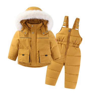 2 Piece Toddler Baby Snow Suit - Unisex Kids Boys Girls Two Piece Snowsuit Winter Hooded Puffer Down Jacket Coat with Ski Bib Overall Pants Set 2 Piece Outfits by Llywey ,Yellow ,6T