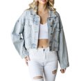 thumbnail image 2 of Diconna Veste en Jean Courte pour Femmes, Décontractée, Boutonnée, en Denim Déchiré avec Franges en Strass, Manteau d'Automne, 2 of 9