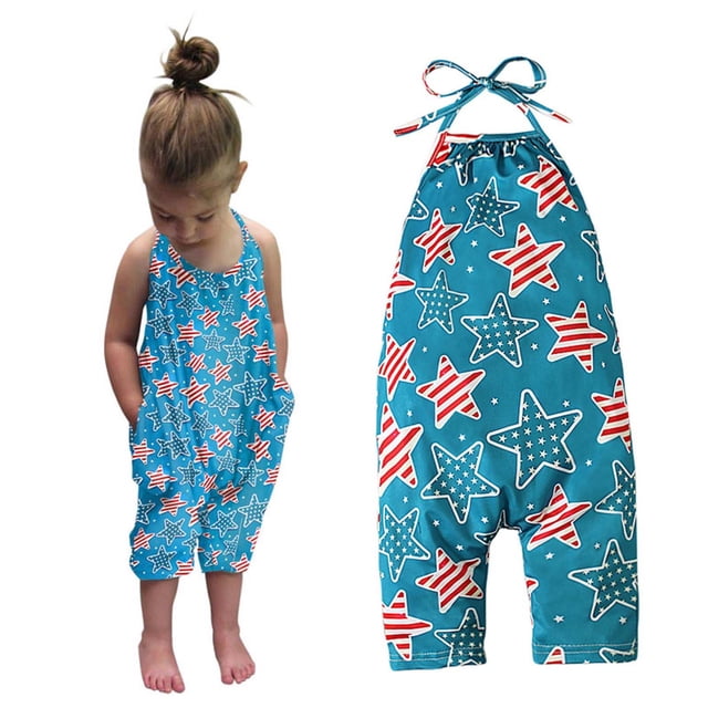 EGNMCR Girls' Jumpsuits & Rompers Girls Children's Summer Independence Day Romper Sling Sleeveless Backless Short Jumpsuit Kid Rompers