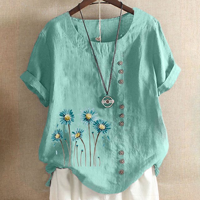 TopLLC Chemises Mexicaines pour Femmes Hauts Brodés Traditionnels Tunique Décontractée à Fleurs pour Femmes Col Rond Manches Courtes Chemises en Lin