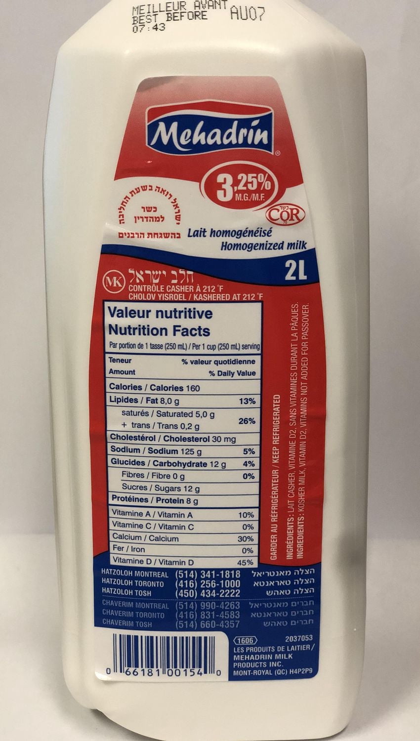 Mehadrin Homogenized 3,25% 2LT Milk