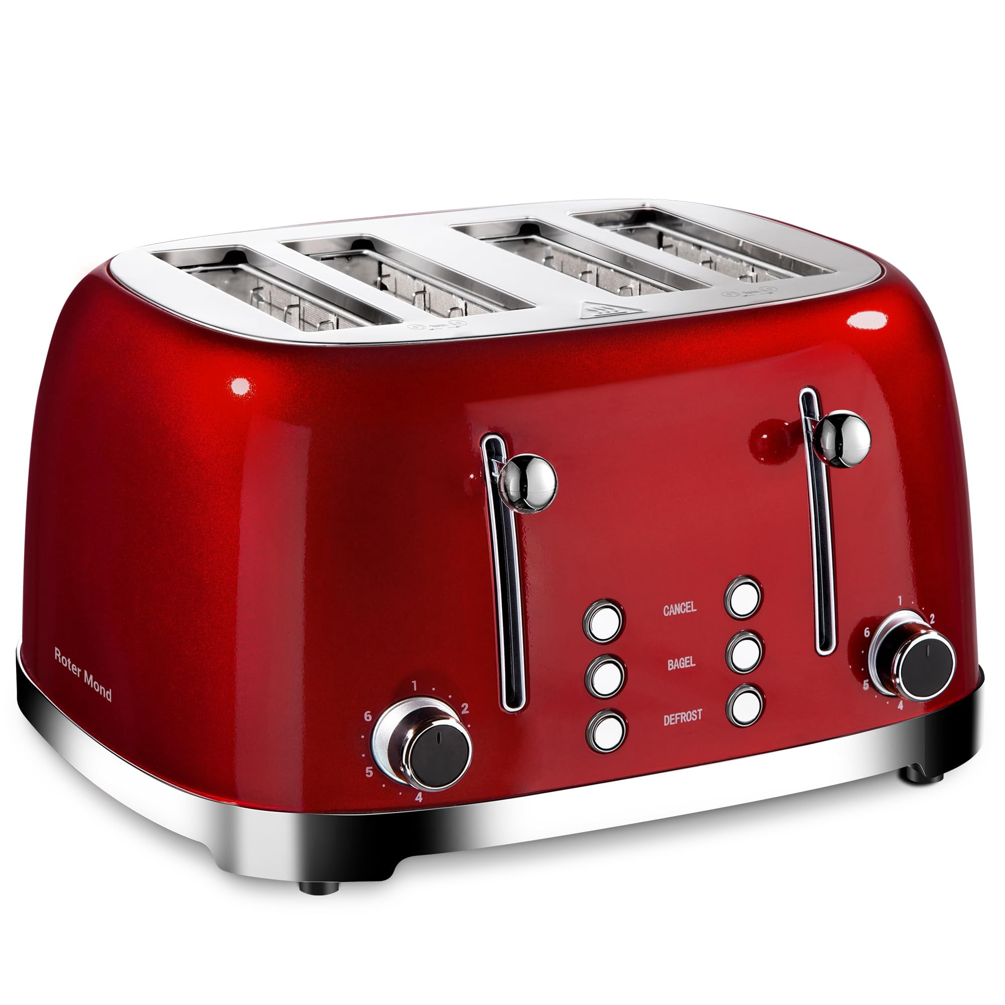 Roter Mond 4 Slice Toaster Retro Stainless Steel with Bagel Defrost Cancel Function, 6 Browning Settings, Extre Wide Slot and Removable Crumb Tray, R