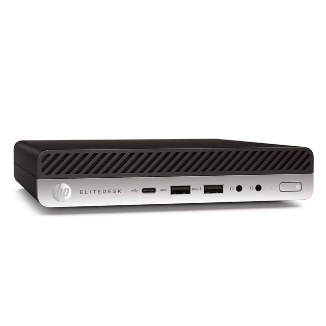 HP EliteDesk 800 G3 Mini PC, a compact refurbished desktop computer featuring an Intel Core i5-6500T processor, 8GB RAM, and 256GB SSD. The front panel includes multiple USB ports, audio jacks, and a power button, with a sleek black and silver design. Ideal for business or home office use, running Windows 11 Pro with built-in WiFi.