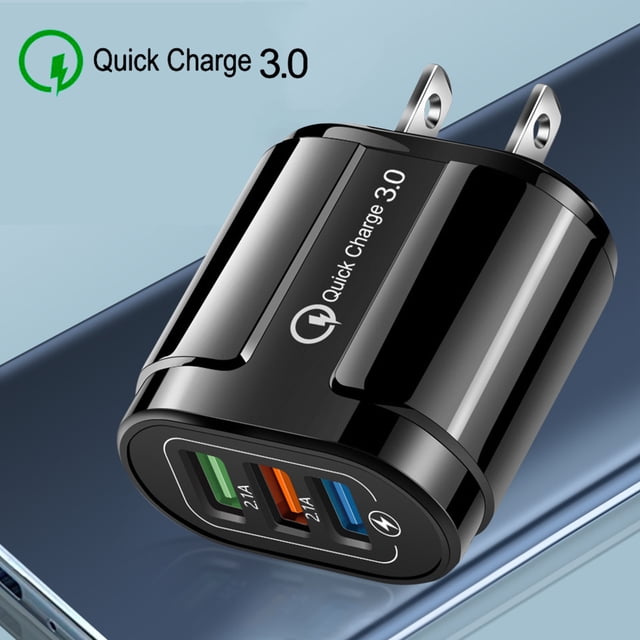 TIMIFIS Usb C Charger 3 Port Fast Quick Charge 3.0 USB Hub Wall Charger 3.0A Power Adapter with US plug, designed for home, office, or travel use. Features three color-coded USB ports for efficient charging and Quick Charge 3.0 technology. Compact black design with fireproof material for safety.