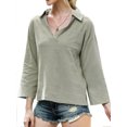 thumbnail image 3 of Women Pocket Long Sleeve Stand Collar V Neck Solid Color Shirt, 3 of 7