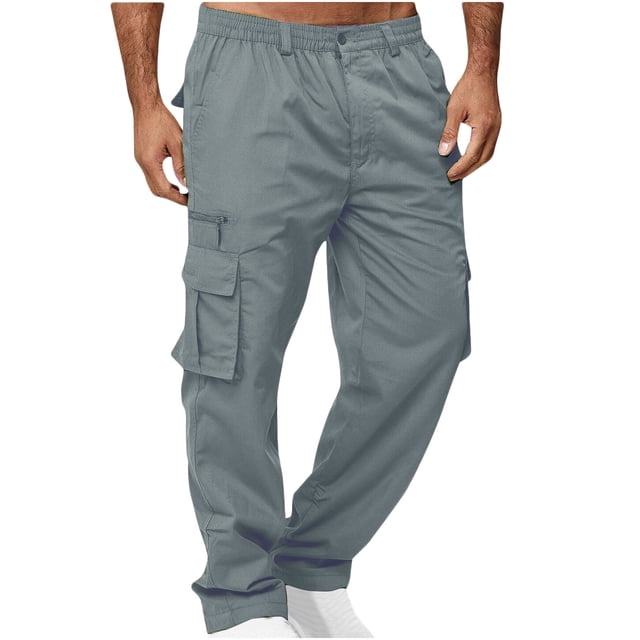 Men Solid Casual Multiple Zipper Button Pockets Outdoor Straight Type Fitness Pants Cargo Pants Trousers RXIRUCGD Gris, Taille: L