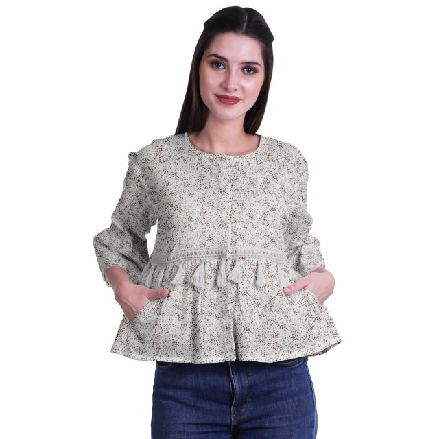 Moomaya T-Shirt à Col Rond pour Femmes à Manches Évasées, Haut Court en Coton Imprimé, Haut Décontracté