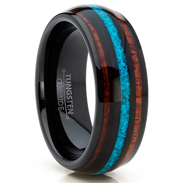 Alliance de Mariage pour Homme en Tungstène Noir Bague de Fiançailles Incrustation de Bois de Koa et de Turquoise Concassée 7